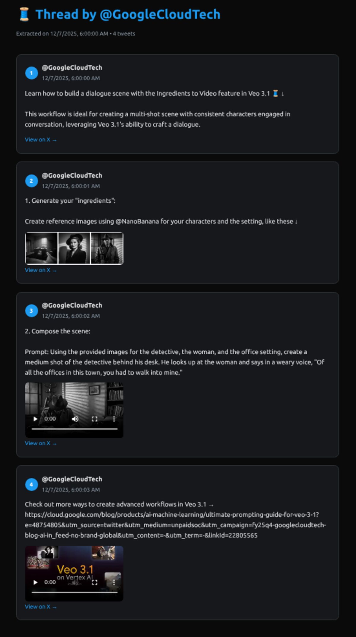 Thread extraction results showing formatted tweets with media
