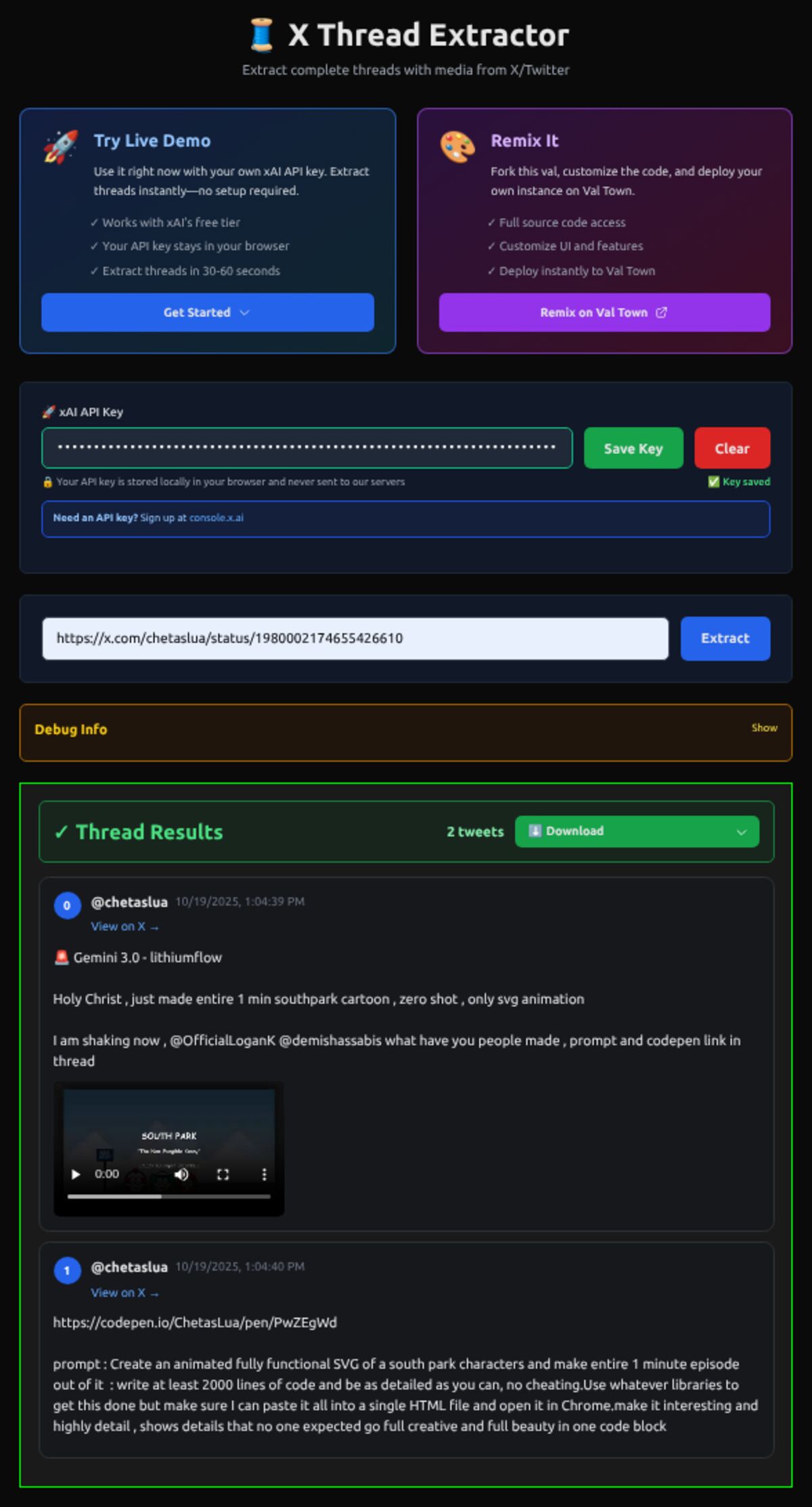 X Thread Extractor web interface